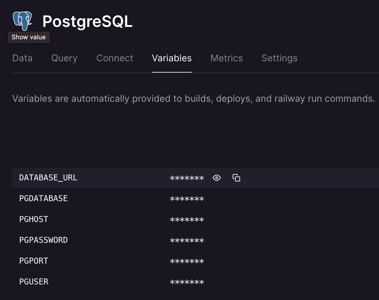 Railway PostgreSQL variables