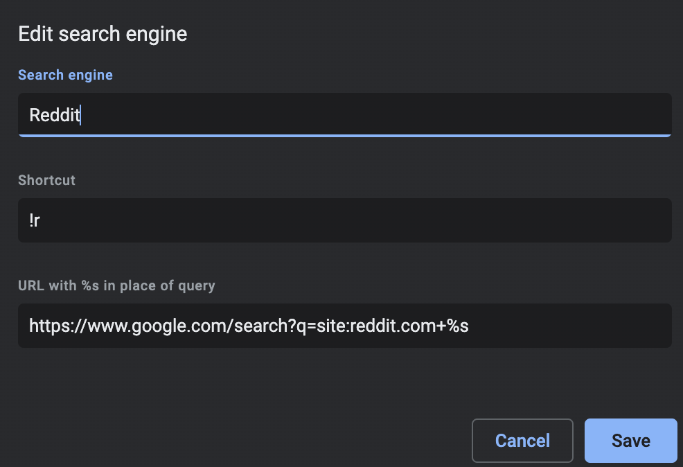 Example for appending “site:reddit.com” when prefixing “!r” shortcut to your search term
