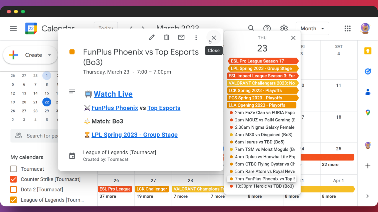A "Month" view of upcoming Esports schedules in Google Calendar.