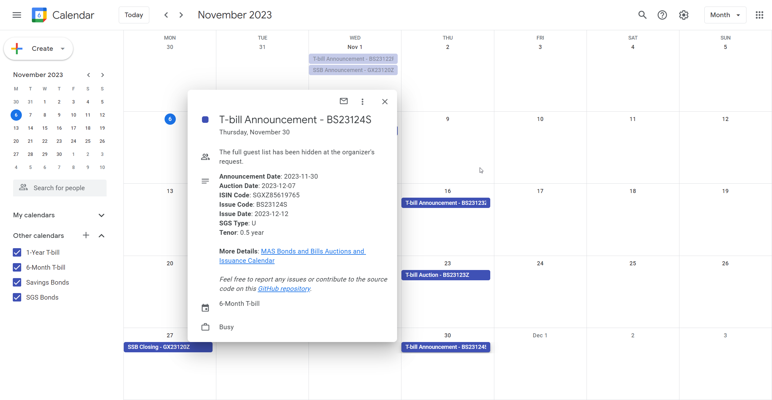 Google Calendar example