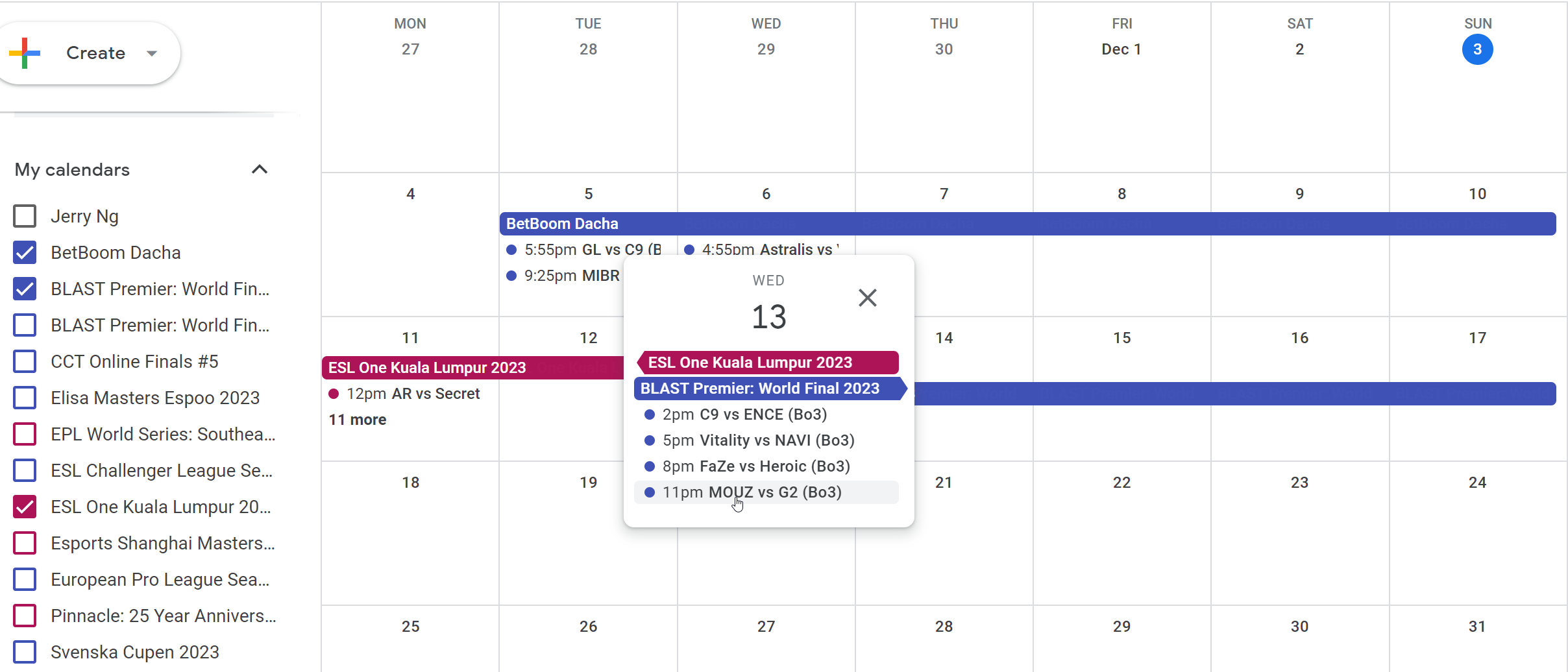 Month view of Google Calendar