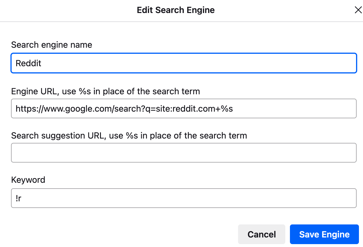Edit Search Engine page