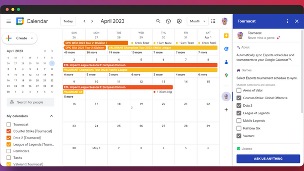 Automatically sync Esports schedules and tournaments to your Google Calendar with Tournacat